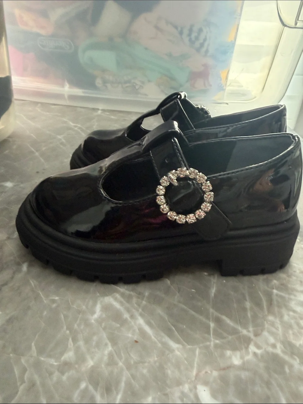 Nina Black Patent Mary Jane Shoes with Rhinestone Buckle